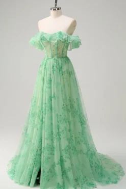 Verde Uma linha fora do ombro espartilho babado estampado vestido longo baile de formatura com fenda