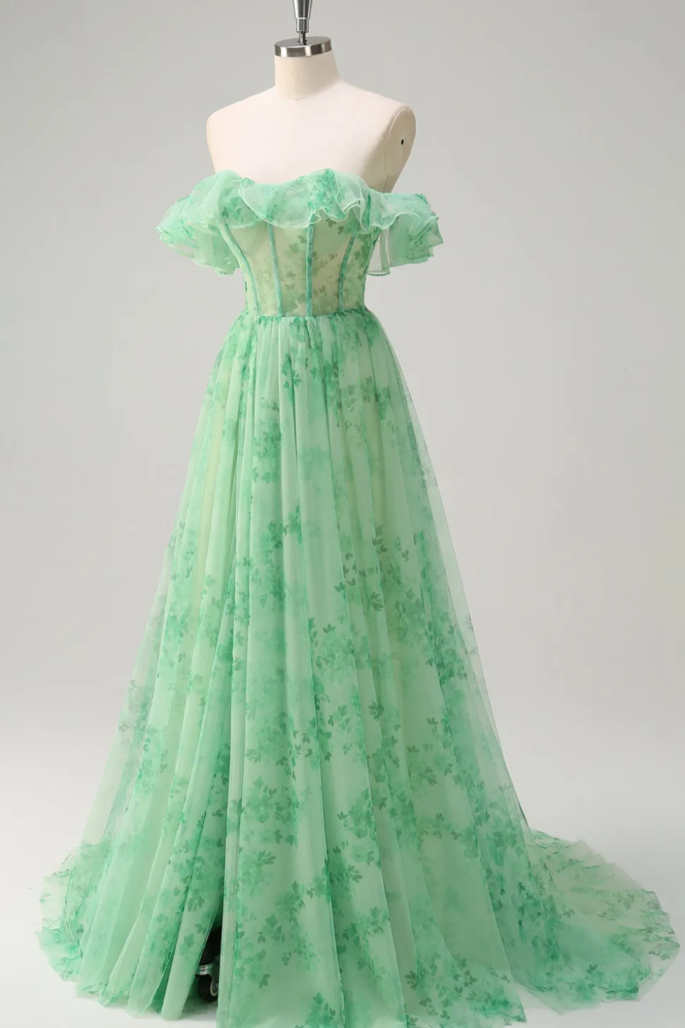 Verde Uma linha fora do ombro espartilho babado estampado vestido longo baile de formatura com fenda