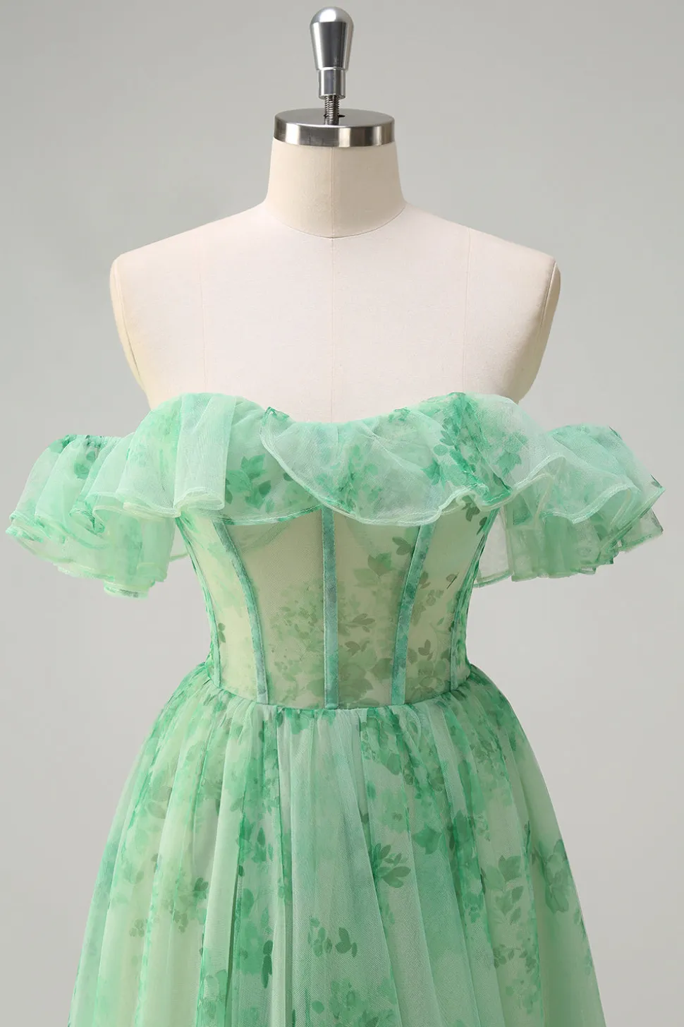 Verde Uma linha fora do ombro espartilho babado estampado vestido longo baile de formatura com fenda