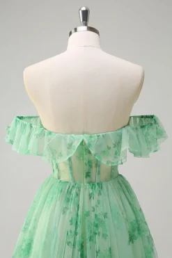 Verde Uma linha fora do ombro espartilho babado estampado vestido longo baile de formatura com fenda