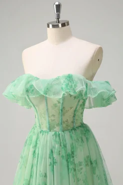 Verde Uma linha fora do ombro espartilho babado estampado vestido longo baile de formatura com fenda