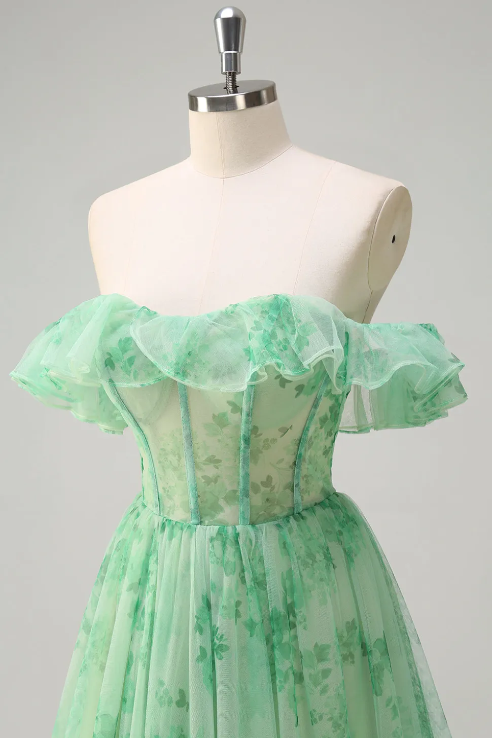 Verde Uma linha fora do ombro espartilho babado estampado vestido longo baile de formatura com fenda