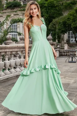 Verde Uma linha fora do ombro espartilho Maxi vestido de dama de honra com babados