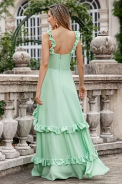 Verde Uma linha fora do ombro espartilho Maxi vestido de dama de honra com babados