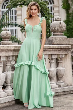 Verde Uma linha fora do ombro espartilho Maxi vestido de dama de honra com babados