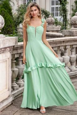 Verde Uma linha fora do ombro espartilho Maxi vestido de dama de honra com babados