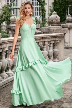 Verde Uma linha fora do ombro espartilho Maxi vestido de dama de honra com babados