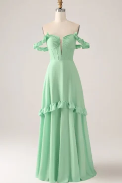 Verde Uma linha fora do ombro espartilho Maxi vestido de dama de honra com babados