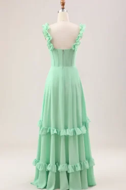 Verde Uma linha fora do ombro espartilho Maxi vestido de dama de honra com babados