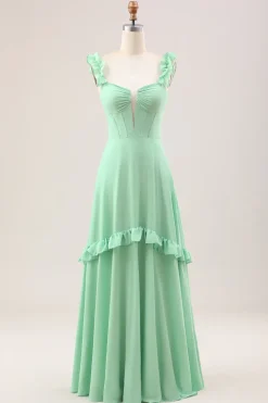 Verde Uma linha fora do ombro espartilho vestido de dama de honra com babados