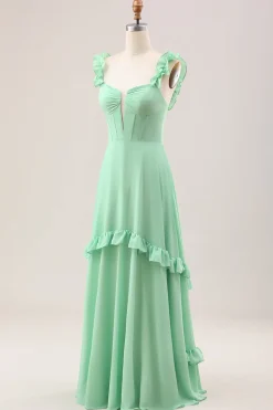 Verde Uma linha fora do ombro espartilho vestido de dama de honra com babados