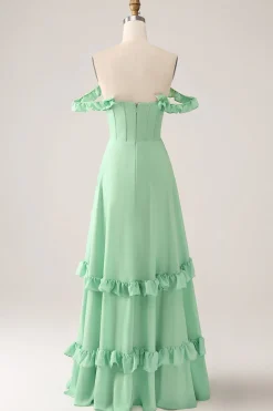 Verde Uma linha fora do ombro espartilho vestido de dama de honra com babados