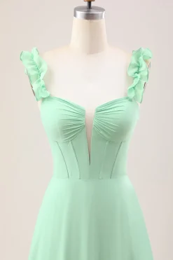 Verde Uma linha fora do ombro espartilho vestido de dama de honra com babados
