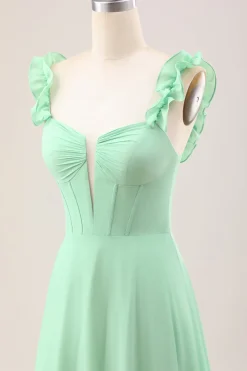 Verde Uma linha fora do ombro espartilho vestido de dama de honra com babados