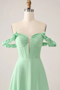 Verde Uma linha fora do ombro espartilho vestido de dama de honra com babados