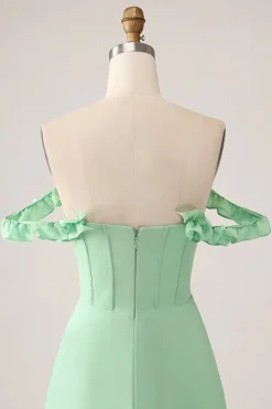 Verde Uma linha fora do ombro espartilho vestido de dama de honra com babados