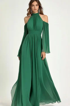 Verde Uma Linha Ombro Frio Halter Longa Mãe Do Vestido Da Noiva