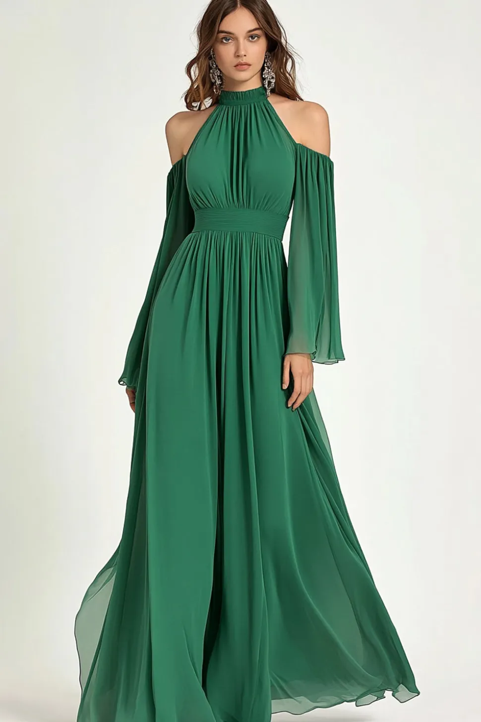 Verde Uma Linha Ombro Frio Halter Longa Mãe Do Vestido Da Noiva