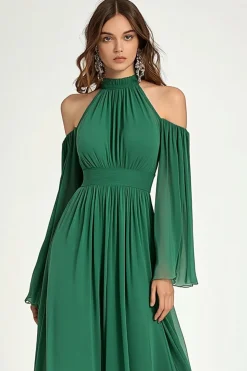 Verde Uma Linha Ombro Frio Halter Longa Mãe Do Vestido Da Noiva