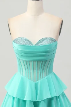 Verde Uma Linha Querida Corset Homecoming Dress com Missangas