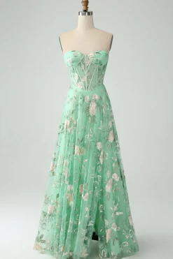 Verde Uma linha querida sem alças espartilho estampado vestido de baile com fenda