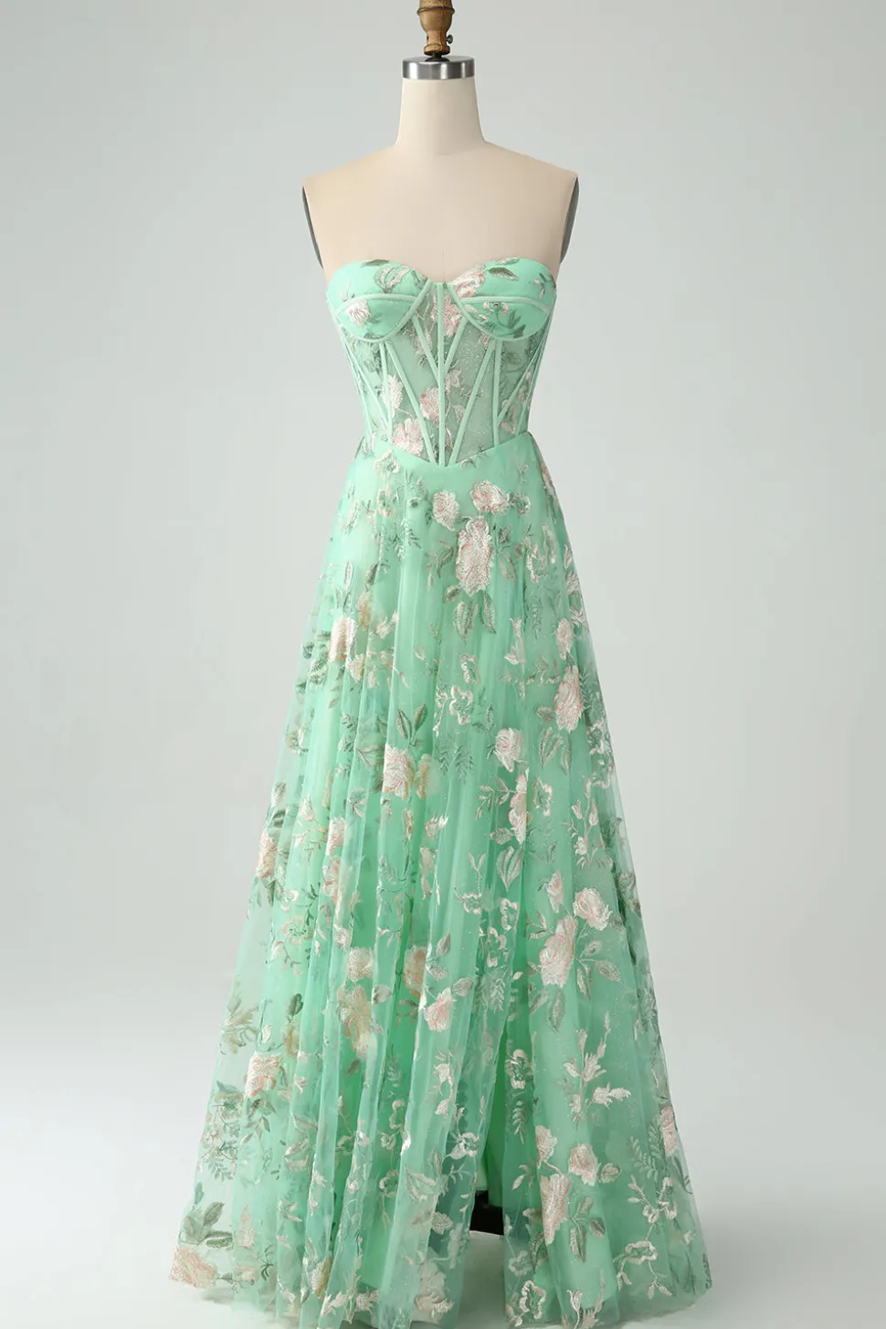 Verde Uma linha querida sem alças espartilho estampado vestido de baile com fenda
