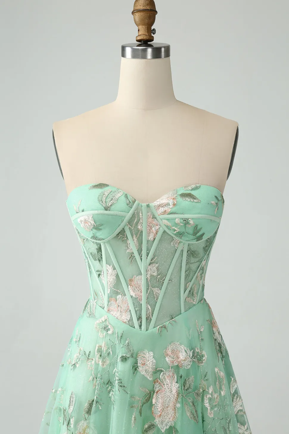 Verde Uma linha querida sem alças espartilho estampado vestido de baile com fenda