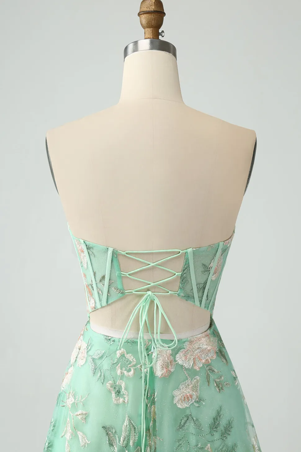 Verde Uma linha querida sem alças espartilho estampado vestido de baile com fenda