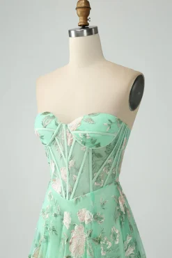 Verde Uma linha querida sem alças espartilho estampado vestido de baile com fenda