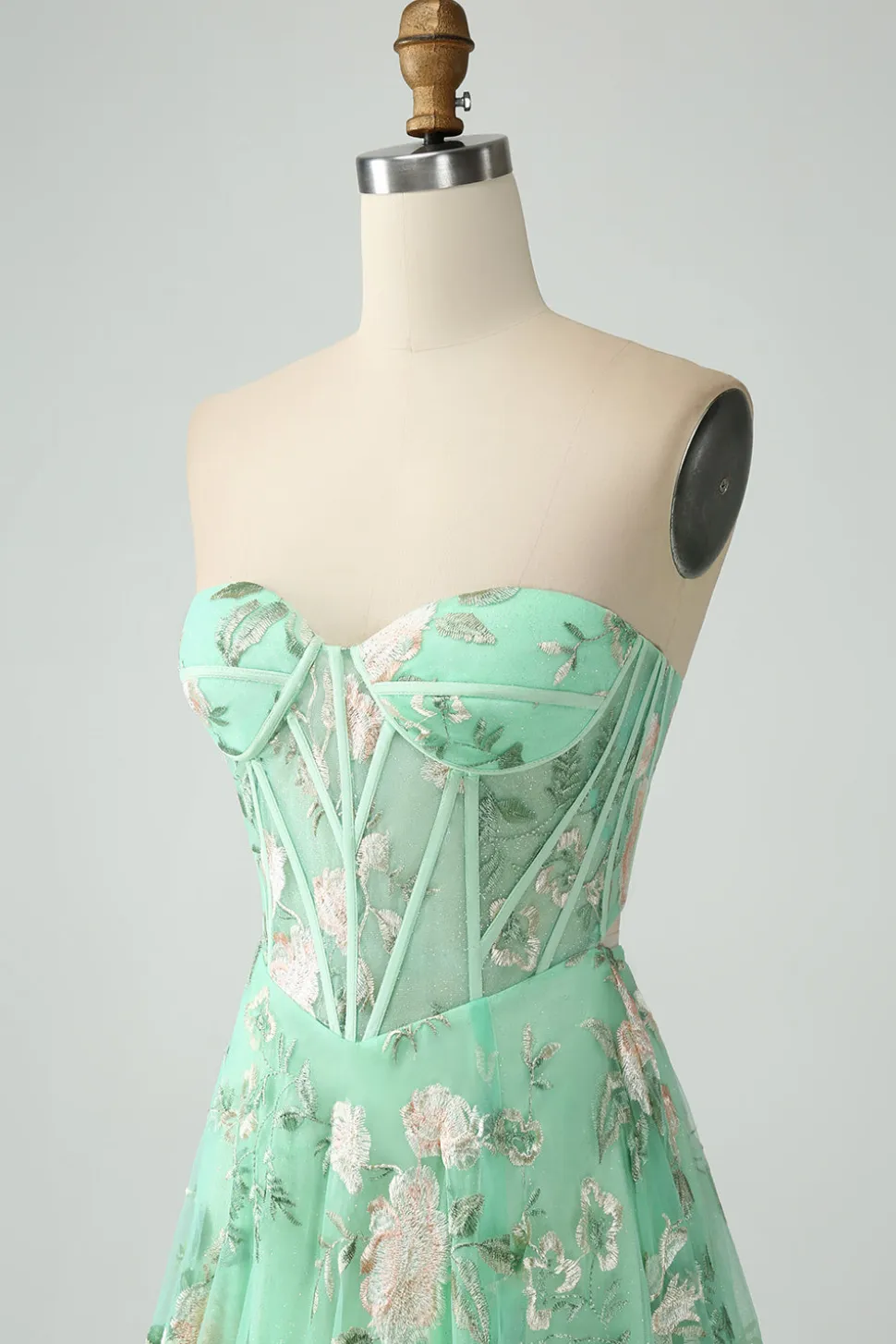 Verde Uma linha querida sem alças espartilho estampado vestido de baile com fenda