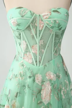 Verde Uma linha querida sem alças espartilho estampado vestido de baile com fenda