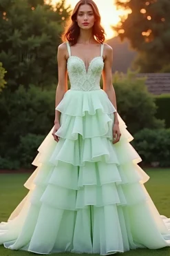 Verde Uma linha querida vestido de baile de formatura babado