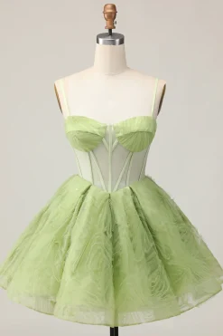 Verde Uma Linha Strapless Sheer Corset Ruched Short Homecoming Dress