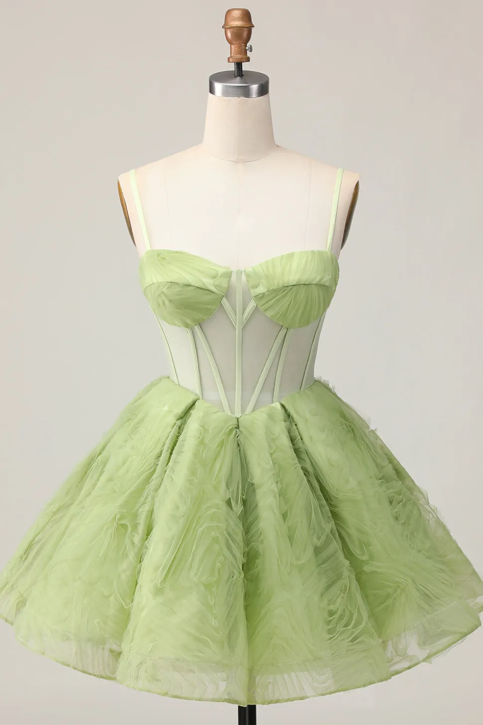 Verde Uma Linha Strapless Sheer Corset Ruched Short Homecoming Dress