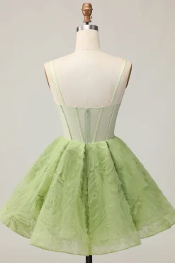 Verde Uma Linha Strapless Sheer Corset Ruched Short Homecoming Dress
