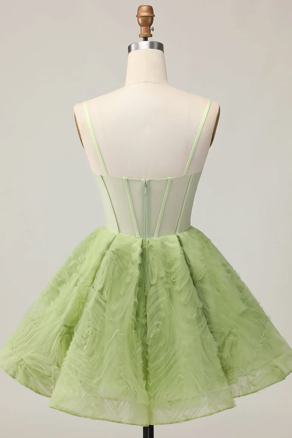 Verde Uma Linha Strapless Sheer Corset Ruched Short Homecoming Dress