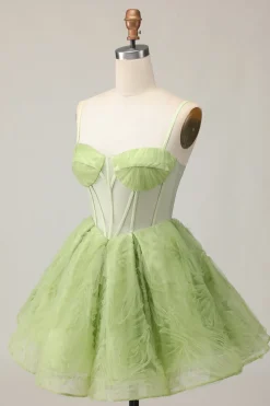Verde Uma Linha Strapless Sheer Corset Ruched Short Homecoming Dress