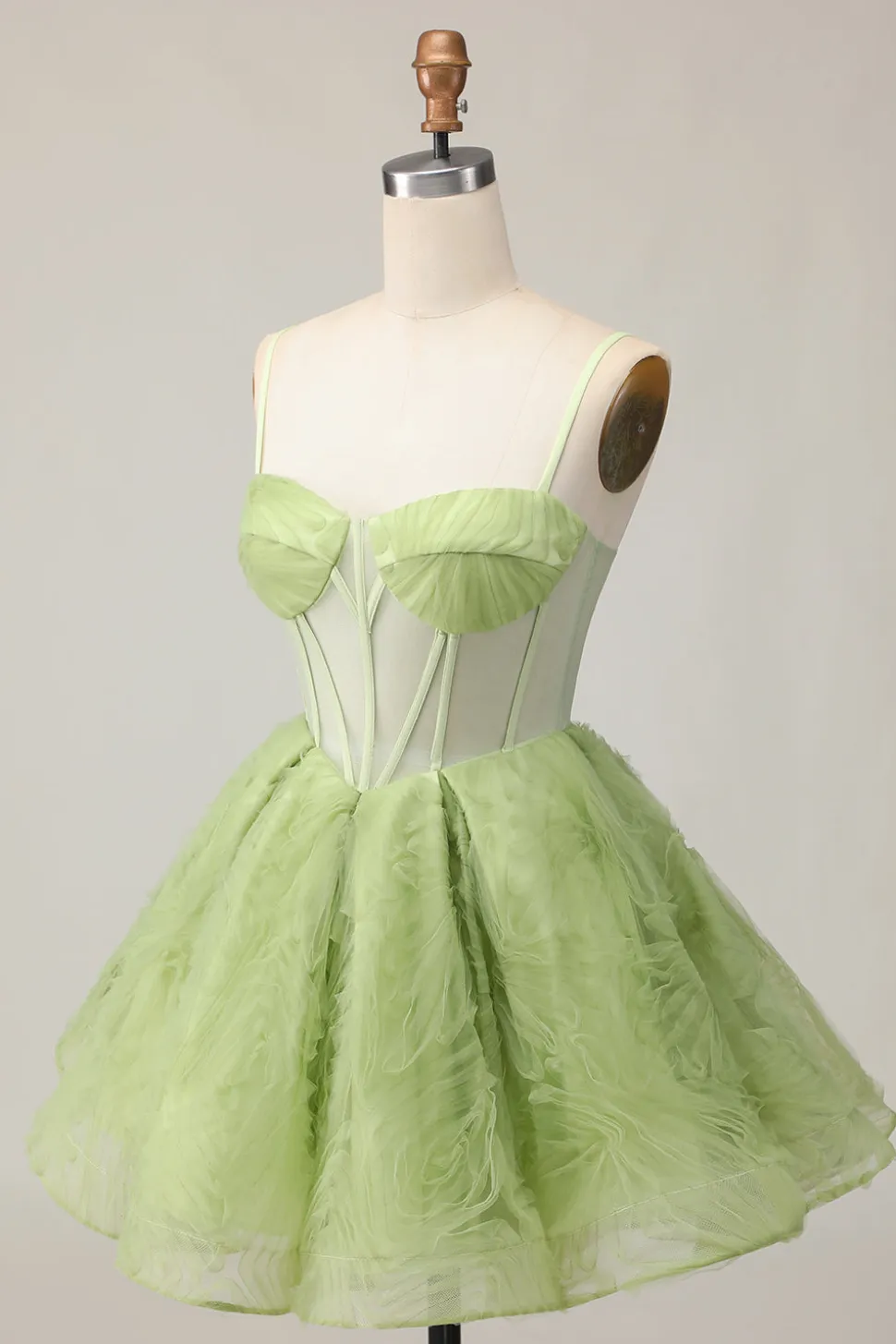 Verde Uma Linha Strapless Sheer Corset Ruched Short Homecoming Dress