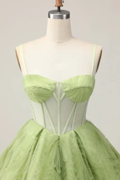 Verde Uma Linha Strapless Sheer Corset Ruched Short Homecoming Dress