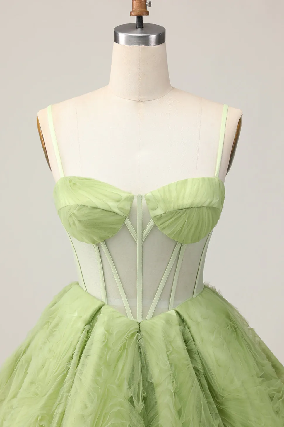 Verde Uma Linha Strapless Sheer Corset Ruched Short Homecoming Dress