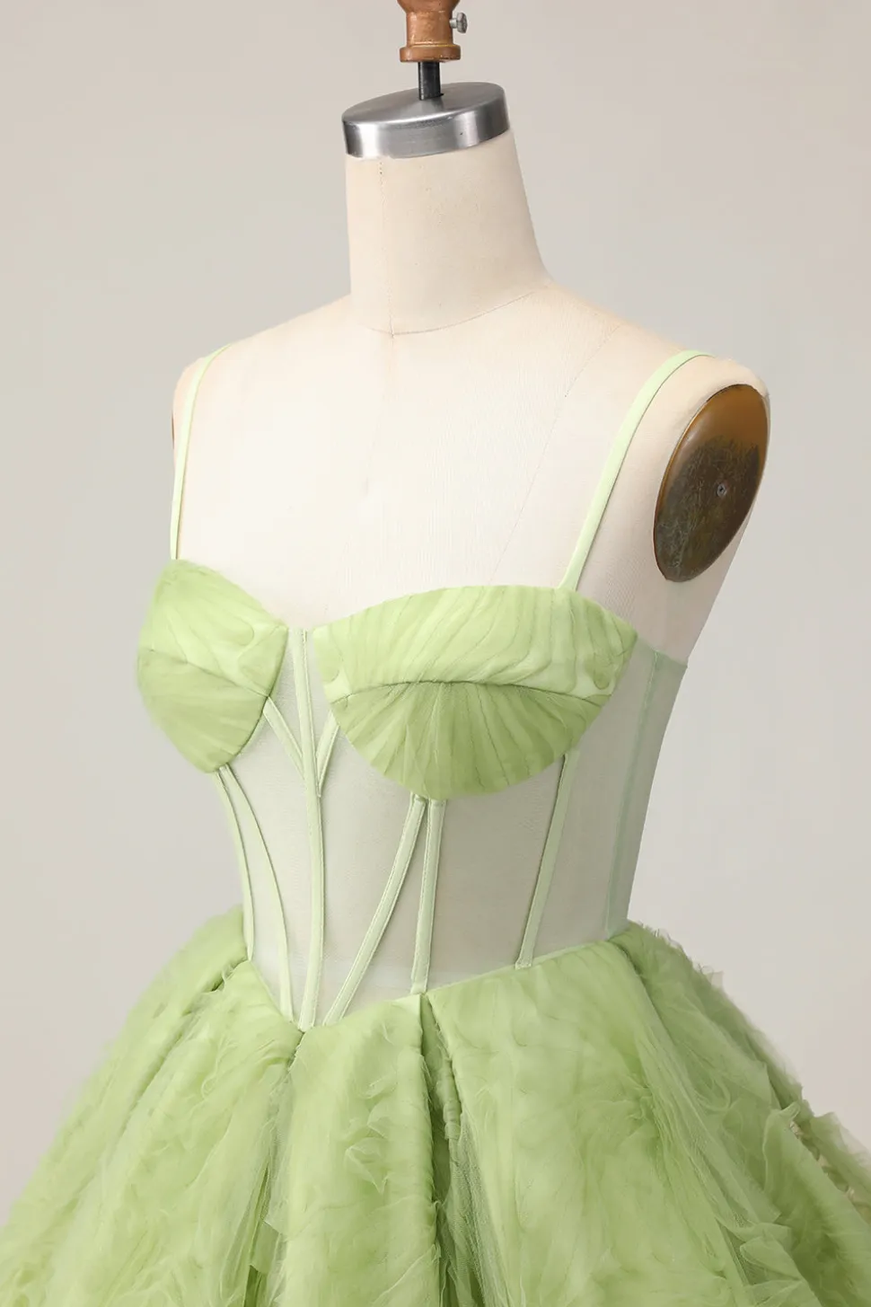 Verde Uma Linha Strapless Sheer Corset Ruched Short Homecoming Dress