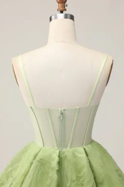 Verde Uma Linha Strapless Sheer Corset Ruched Short Homecoming Dress