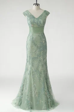Verde V-Neck Sereia Appliques Sequins Cap Mangas Vestido de baile
