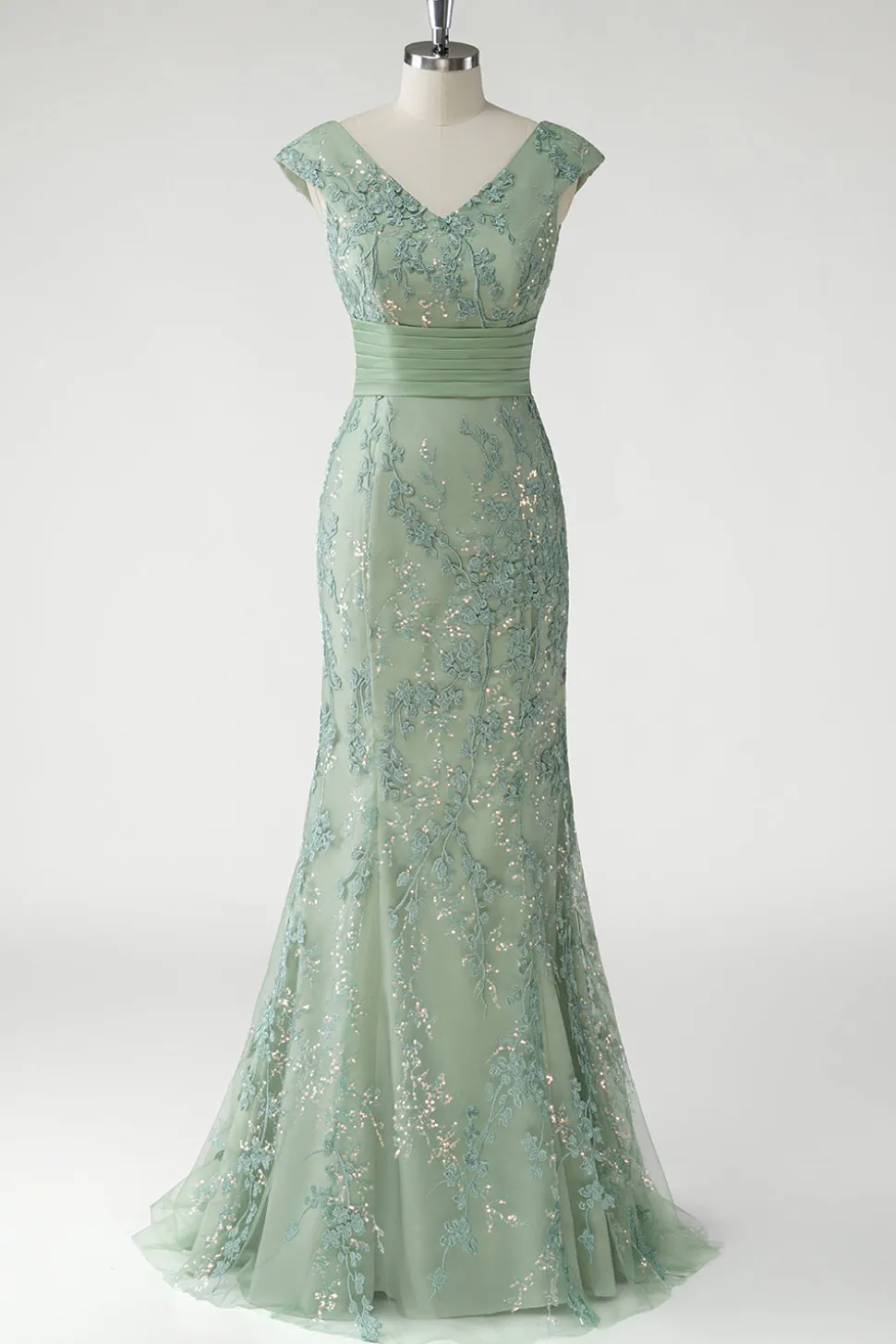 Verde V-Neck Sereia Appliques Sequins Cap Mangas Vestido de baile