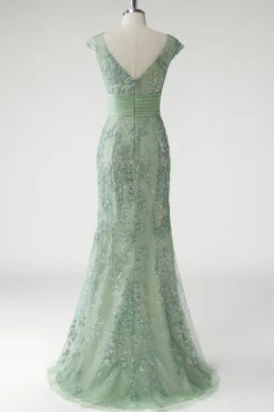 Verde V-Neck Sereia Appliques Sequins Cap Mangas Vestido de baile