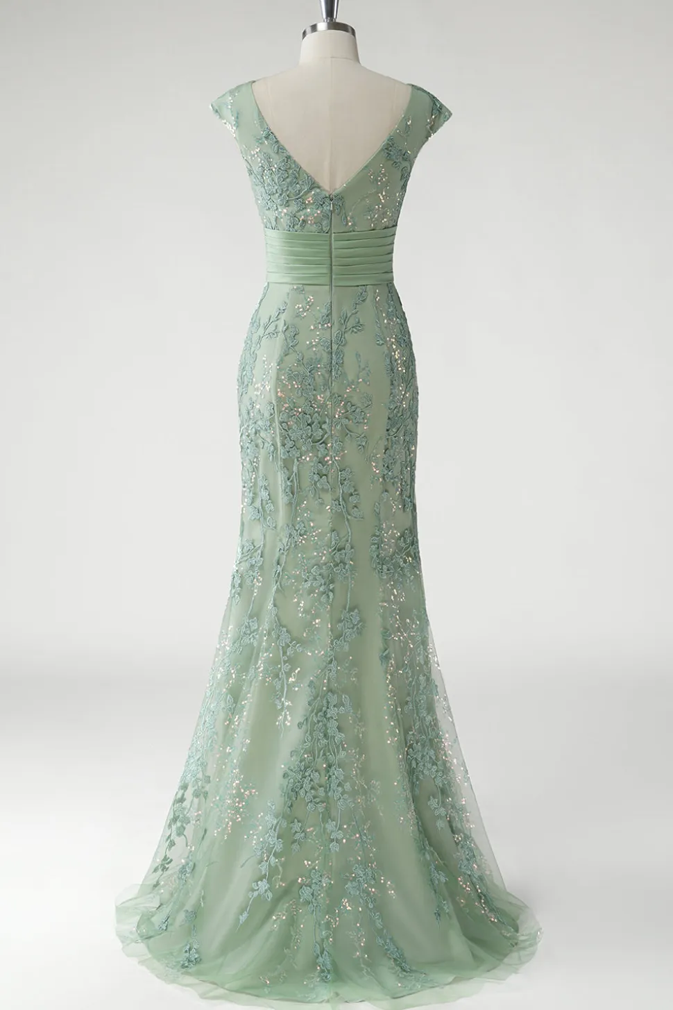 Verde V-Neck Sereia Appliques Sequins Cap Mangas Vestido de baile