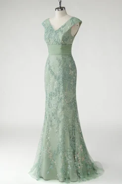 Verde V-Neck Sereia Appliques Sequins Cap Mangas Vestido de baile