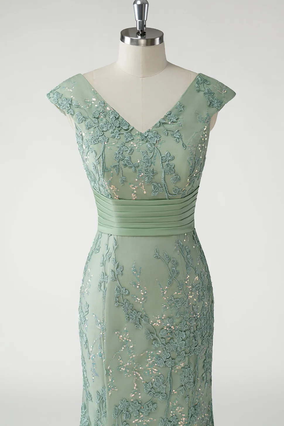 Verde V-Neck Sereia Appliques Sequins Cap Mangas Vestido de baile