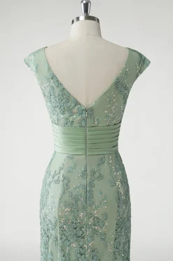 Verde V-Neck Sereia Appliques Sequins Cap Mangas Vestido de baile