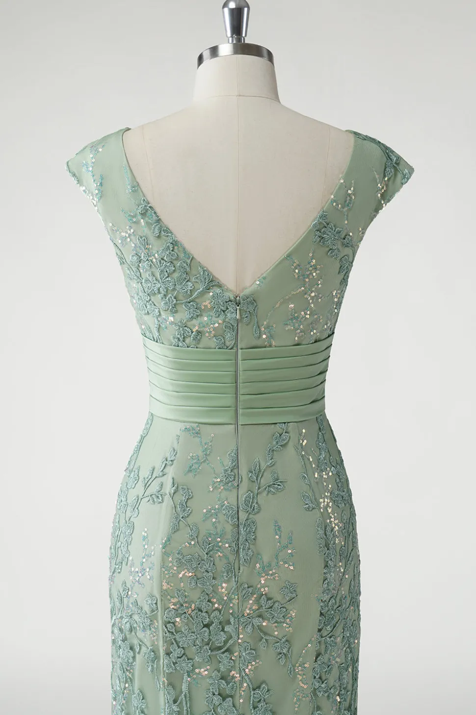 Verde V-Neck Sereia Appliques Sequins Cap Mangas Vestido de baile
